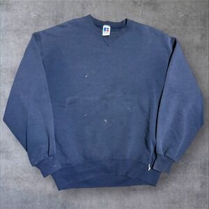 Vintage Russell Athletic Blank Navy Blue Crewneck Sweater Large Distressed